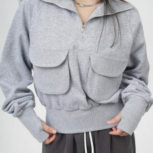 Front Pockets Grey Zip Up Sweatshirt - Y2K Vintage Winter Outfit