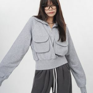 Front Pockets Grey Zip Up Sweatshirt - Y2K Vintage Winter Outfit