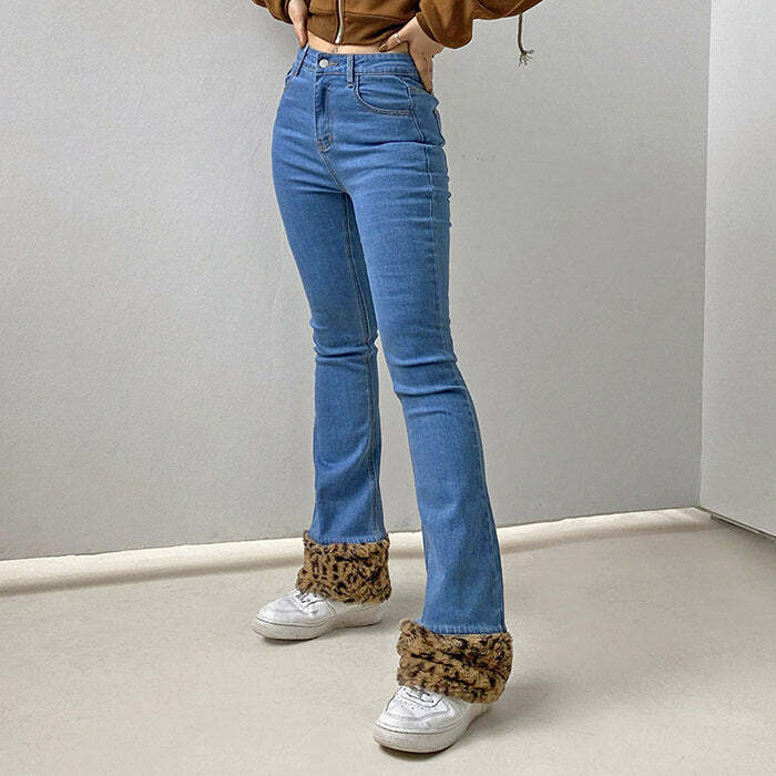 Fuzzy Leopard Trim Jeans - Y2K Vintage Winter Outfits for Women