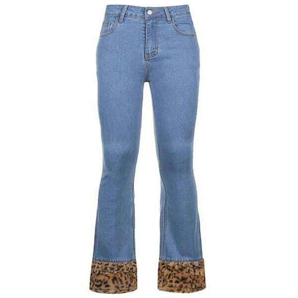 Fuzzy Leopard Trim Jeans - Y2K Vintage Winter Outfits for Women