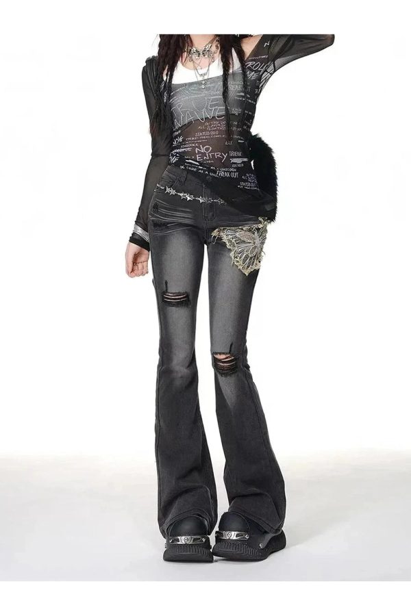 Gothic Butterfly Distressed Flare Jeans - Y2K Vintage Winter Outfits