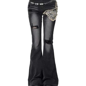 Gothic Butterfly Distressed Flare Jeans - Y2K Vintage Winter Outfits