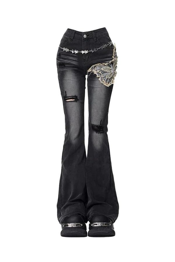 Gothic Butterfly Distressed Flare Jeans - Y2K Vintage Winter Outfits