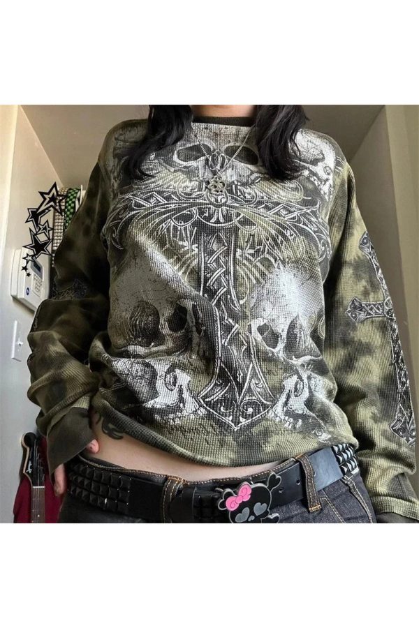 Gothic Cross and Skull Print Long Sleeve Y2K Vintage Winter Outfit