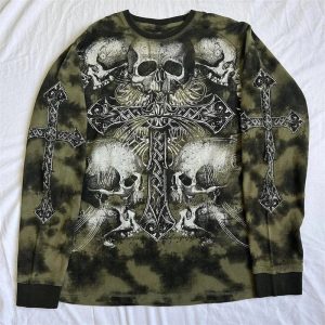 Gothic Cross and Skull Print Long Sleeve Y2K Vintage Winter Outfit