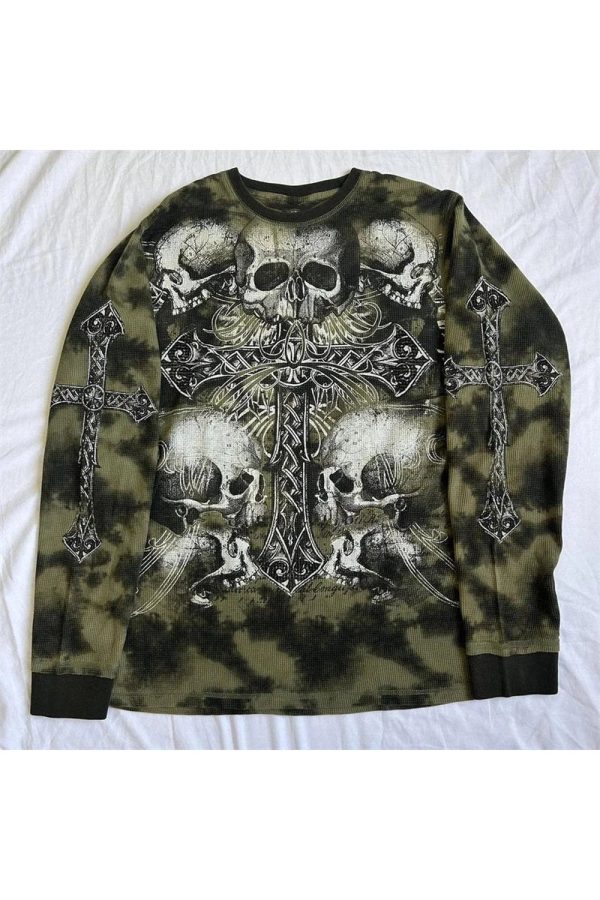 Gothic Cross and Skull Print Long Sleeve Y2K Vintage Winter Outfit