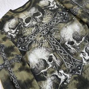 Gothic Cross and Skull Print Long Sleeve Y2K Vintage Winter Outfit