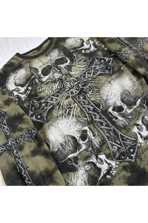 Gothic Cross and Skull Print Long Sleeve Y2K Vintage Winter Outfit