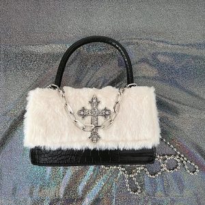 Gothic Cross Faux Fur Shoulder Bag - Y2K Vintage Winter Fashion Accessory