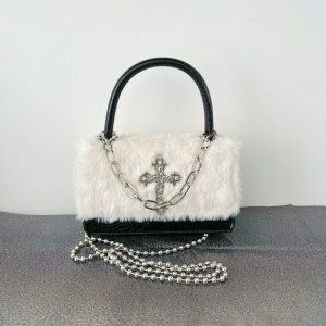 Gothic Cross Faux Fur Shoulder Bag - Y2K Vintage Winter Fashion Accessory