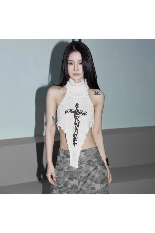 Gothic Cross Halter Knit Top - Y2K Vintage Aesthetic Winter Outfit