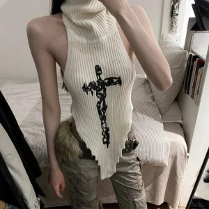 Gothic Cross Halter Knit Top - Y2K Vintage Aesthetic Winter Outfit