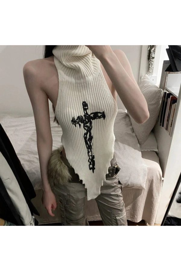 Gothic Cross Halter Knit Top - Y2K Vintage Aesthetic Winter Outfit