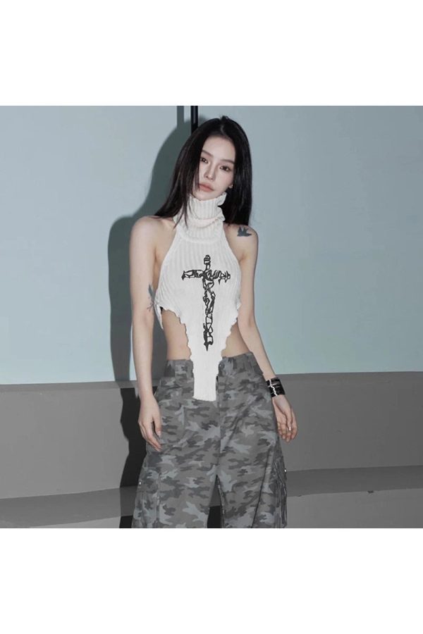 Gothic Cross Halter Knit Top - Y2K Vintage Aesthetic Winter Outfit