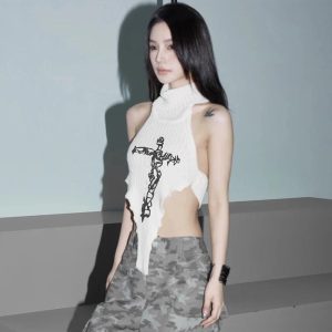 Gothic Cross Halter Knit Top - Y2K Vintage Aesthetic Winter Outfit