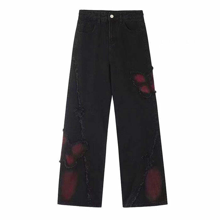 Grunge Aesthetic Black & Red Butterfly Jeans | Y2K Vintage Outfits