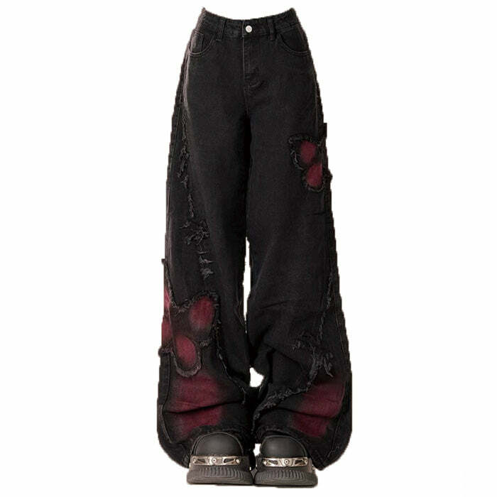 Grunge Aesthetic Black & Red Butterfly Jeans | Y2K Vintage Outfits