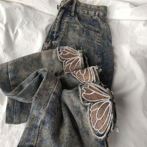 Grunge Aesthetic Butterfly Cut Out Jeans - Y2K Vintage Winter Outfits