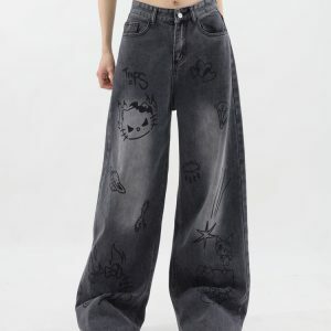 Grunge Aesthetic Cat Jeans - Y2K Vintage Outfits for Winter Style