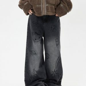 Grunge Aesthetic Cat Jeans - Y2K Vintage Outfits for Winter Style