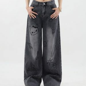 Grunge Aesthetic Cat Jeans - Y2K Vintage Outfits for Winter Style