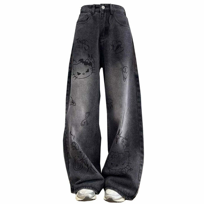 Grunge Aesthetic Cat Jeans - Y2K Vintage Outfits for Winter Style