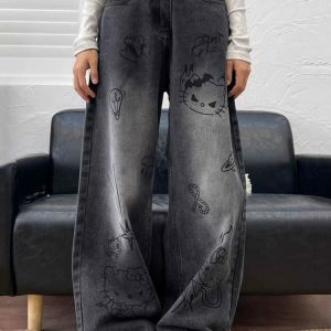 Grunge Aesthetic Cat Jeans - Y2K Vintage Outfits for Winter Style