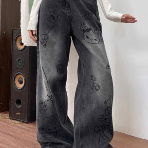 Grunge Aesthetic Cat Jeans - Y2K Vintage Outfits for Winter Style