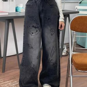 Grunge Aesthetic Cat Jeans - Y2K Vintage Outfits for Winter Style