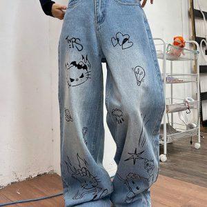 Grunge Aesthetic Cat Jeans in Blue - Y2K Vintage Winter Outfits