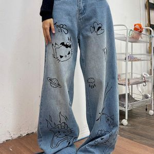 Grunge Aesthetic Cat Jeans in Blue - Y2K Vintage Winter Outfits