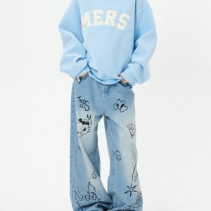 Grunge Aesthetic Cat Jeans in Blue - Y2K Vintage Winter Outfits