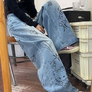 Grunge Aesthetic Cat Jeans in Blue - Y2K Vintage Winter Outfits