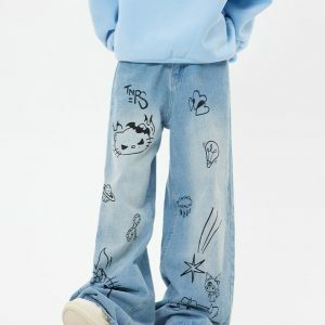 Grunge Aesthetic Cat Jeans in Blue - Y2K Vintage Winter Outfits