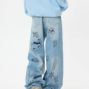 Grunge Aesthetic Cat Jeans in Blue - Y2K Vintage Winter Outfits