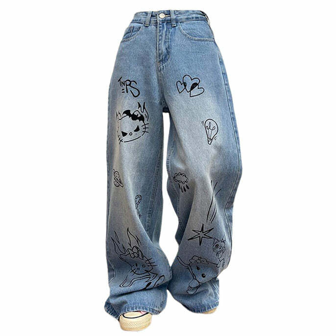 Grunge Aesthetic Cat Jeans in Blue - Y2K Vintage Winter Outfits