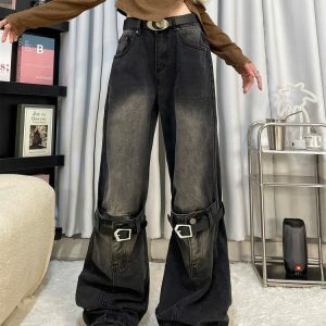 Grunge Aesthetic Knee Buckle Jeans - Y2K Vintage Street Style Outfit