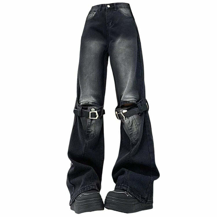 Grunge Aesthetic Knee Buckle Jeans - Y2K Vintage Street Style Outfit