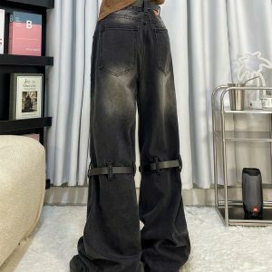 Grunge Aesthetic Knee Buckle Jeans - Y2K Vintage Street Style Outfit