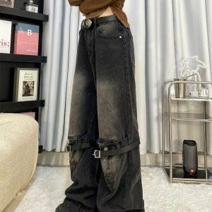 Grunge Aesthetic Knee Buckle Jeans - Y2K Vintage Street Style Outfit