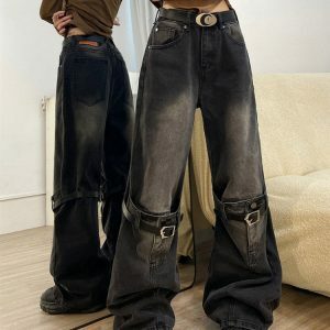 Grunge Aesthetic Knee Buckle Jeans - Y2K Vintage Street Style Outfit