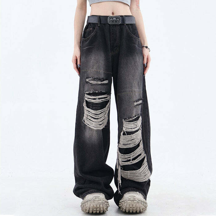 Grunge Aesthetic Ripped Wide Jeans - Y2K Vintage Street Style Outfits