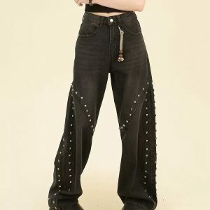 Grunge Aesthetic Rivet Jeans - Y2K Vintage Outfits for Winter Style