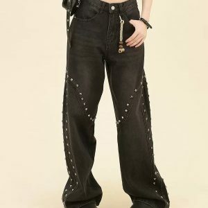 Grunge Aesthetic Rivet Jeans - Y2K Vintage Outfits for Winter Style