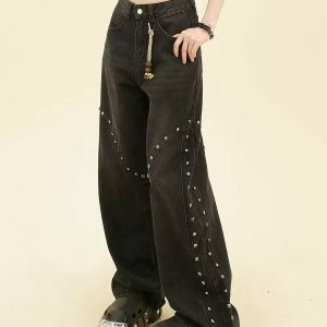 Grunge Aesthetic Rivet Jeans - Y2K Vintage Outfits for Winter Style