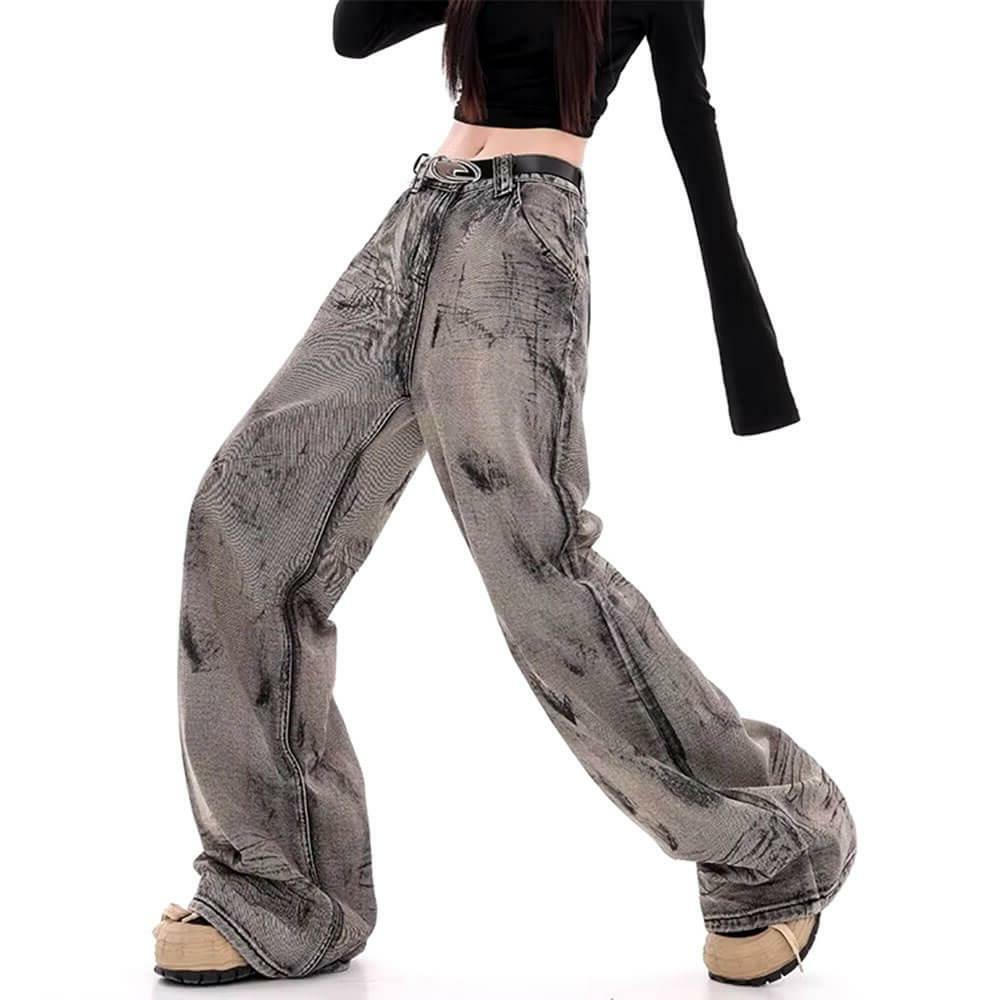 Grunge Aesthetic Wide-Leg Jeans in Grey - Y2K Vintage Street Style Outfit