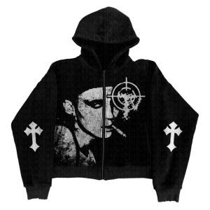 Grunge Noir Graphic Hoodie - Y2K Vintage Outfits for Winter Style