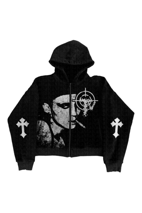 Grunge Noir Graphic Hoodie - Y2K Vintage Outfits for Winter Style