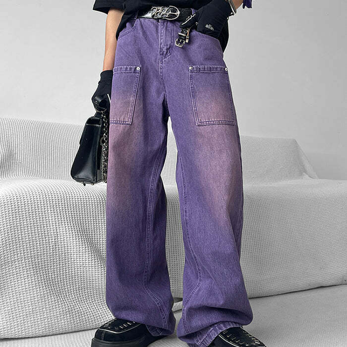 Grunge Purple Baggy Jeans - Y2K Vintage Outfits for Winter Street Style