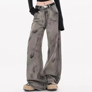 Grunge Splatter Wide-Leg Jeans | Y2K Vintage Outfits for Women